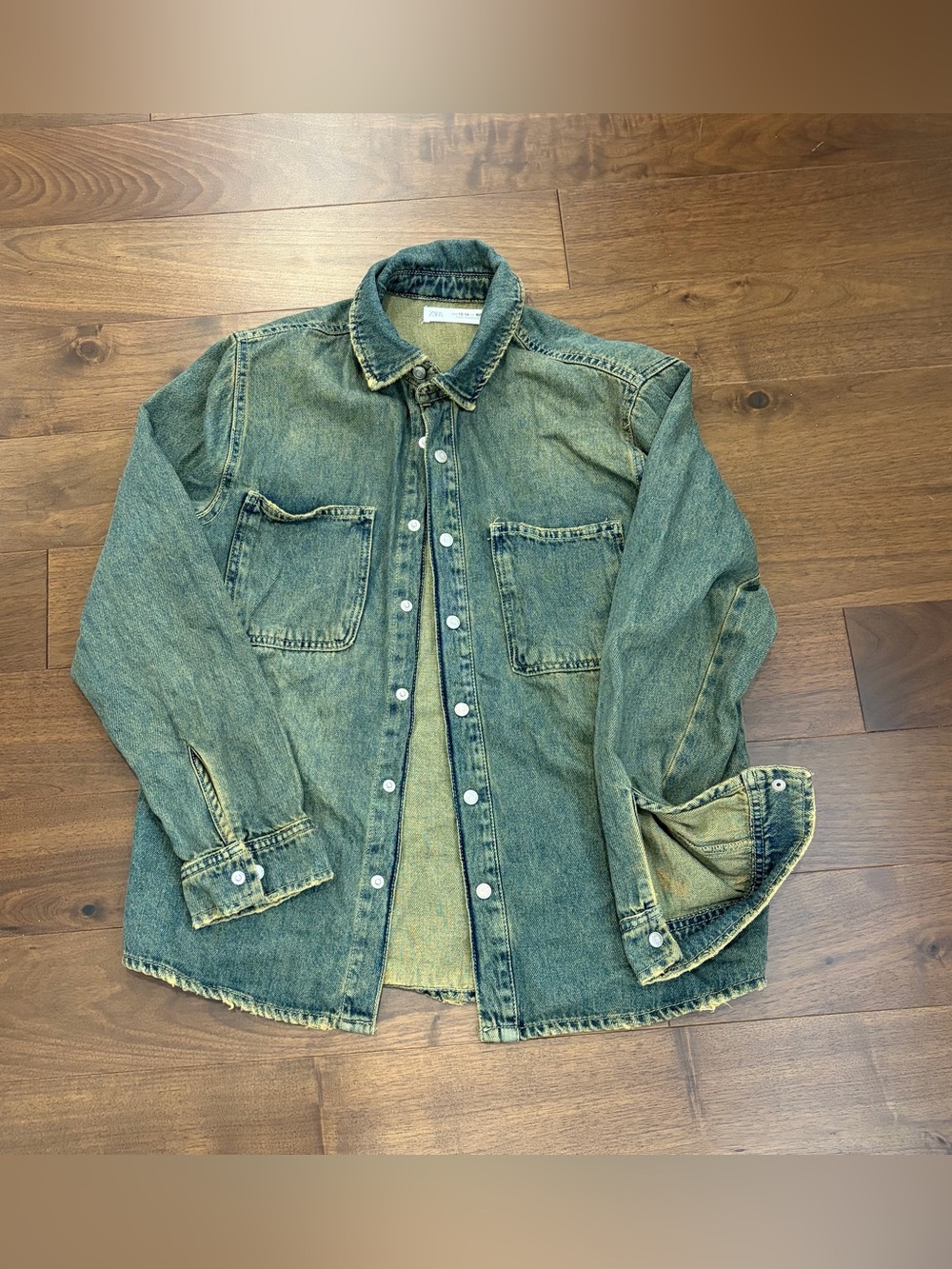 Zara Faded Green Denim Button-Down Shirt